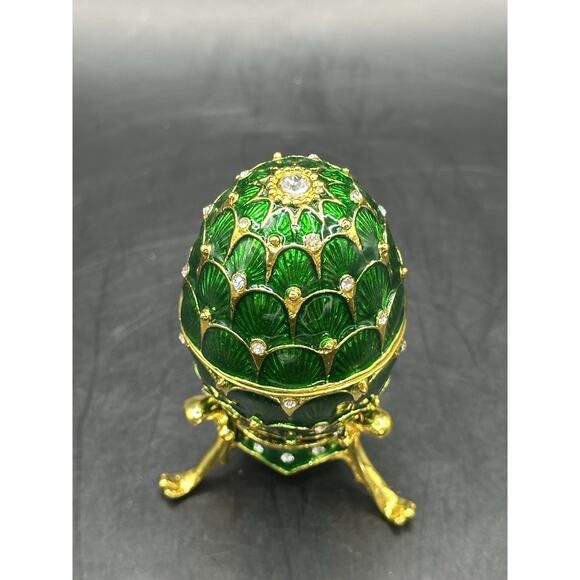 ZANZIBAR Jeweled Russian Style Green Enameled Egg With Stand Trinket Box 3 inch - Picture 3 of 9